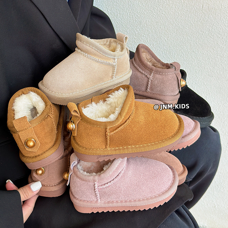 韩版儿童真皮雪地靴冬季保暖女童棉鞋中大童面包鞋加绒短靴小童鞋