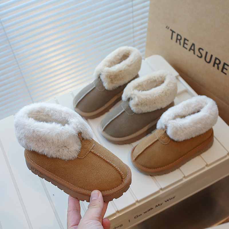 女童棉鞋2023年冬季新款翻毛口保暖低筒靴韩版男童防滑软底雪地靴