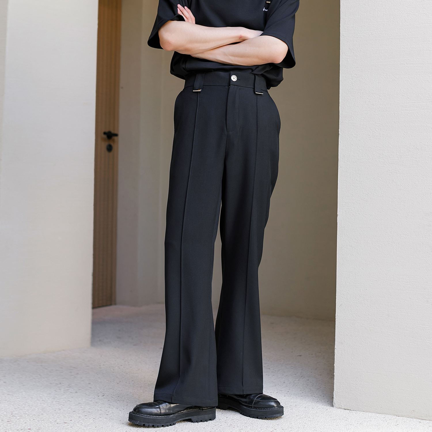 CHICERRO西西里男装黑色微喇西裤垂感直筒阔腿高级感休闲西装裤子