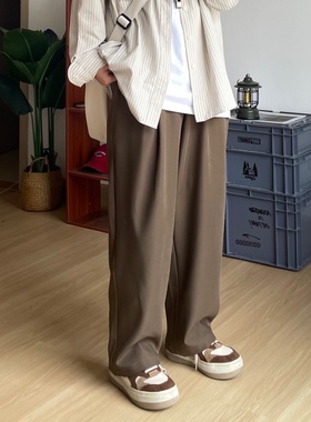 B东日系男装复古直筒秋夏款阔腿宽松纯色咖啡色西裤垂感休闲长裤