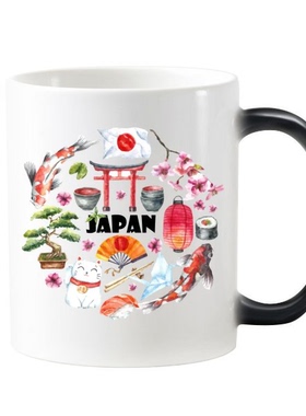 日本文化彩色招财猫花寿司陶瓷马克杯加热变色咖啡杯牛奶杯水杯