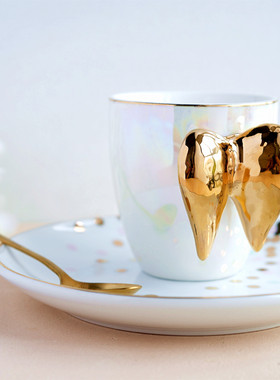 北欧创意天使翅膀陶瓷马克杯贝壳光泽牛奶咖啡杯水杯少女礼品杯碟