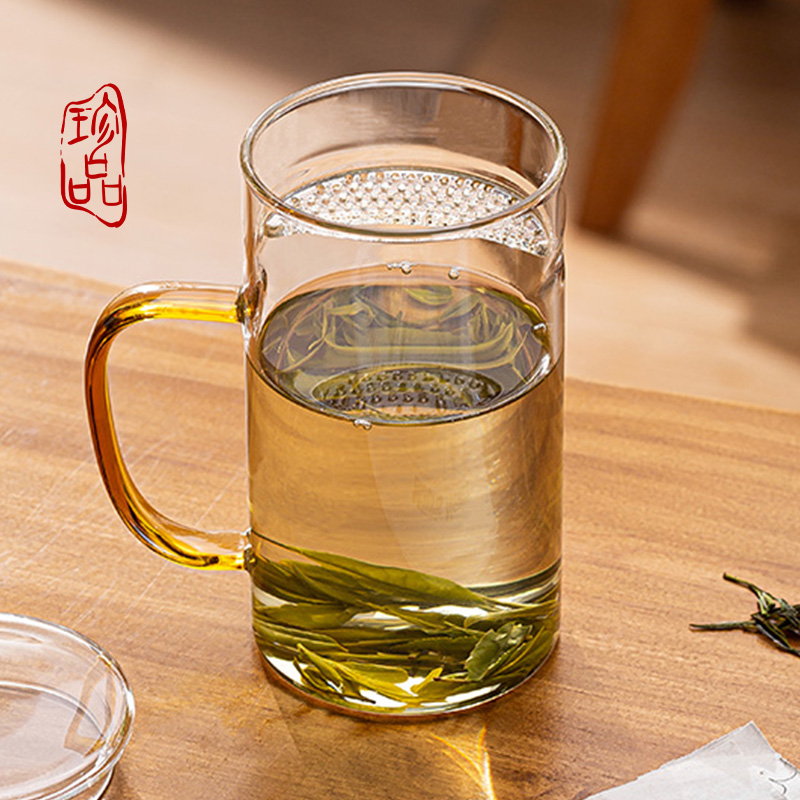 月牙杯玻璃水杯大容量茶水分离泡茶杯子带把手办公室耐高温绿茶杯