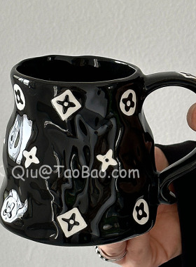 三秋Sanq复古手绘高级感黑色老花马克杯陶瓷水杯咖啡杯子小众礼物