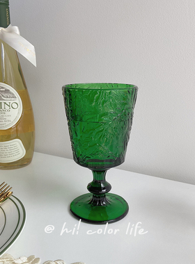 法式浮雕ins风圣诞节祖母绿红酒杯复古玻璃杯中古高脚杯饮料水杯