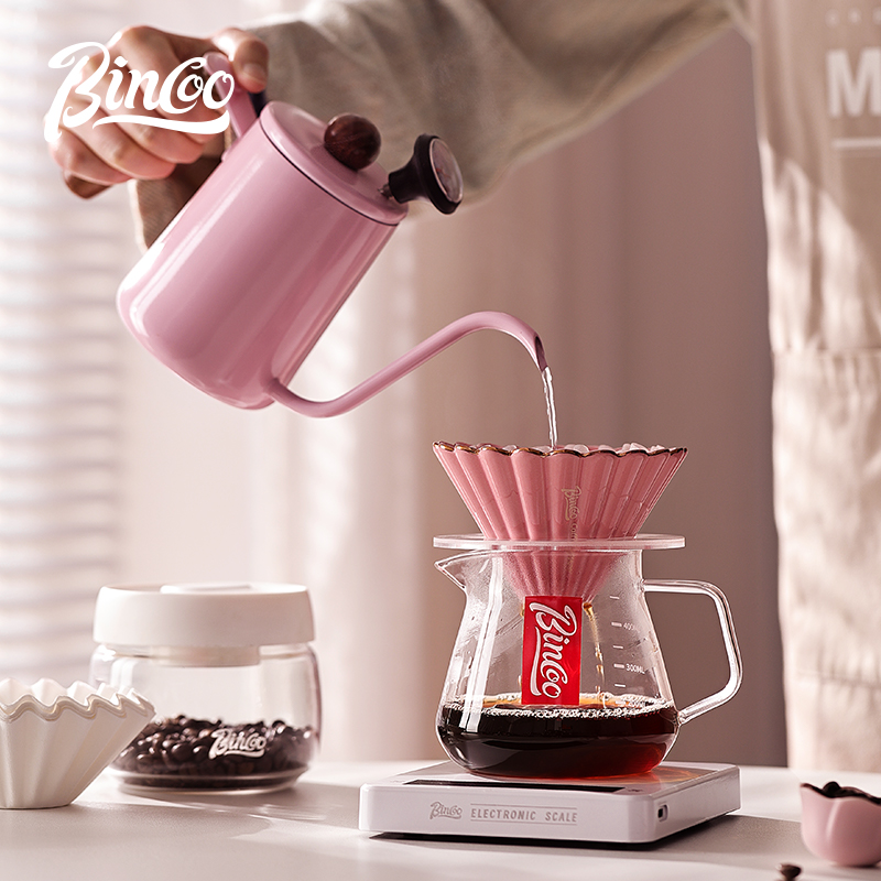 bincoo少女粉色手冲壶 美式分享壶过滤杯 家用手磨咖啡壶器具套装