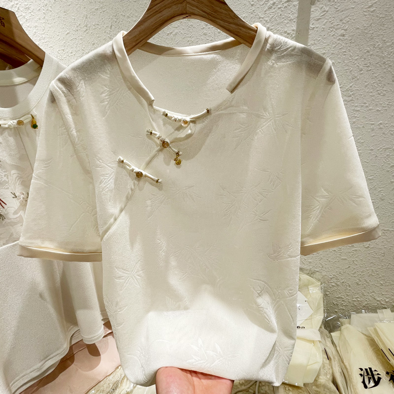 新中式网纱短袖T恤女薄款圆领盘扣暗纹印花竹叶小衫夏季修身上衣