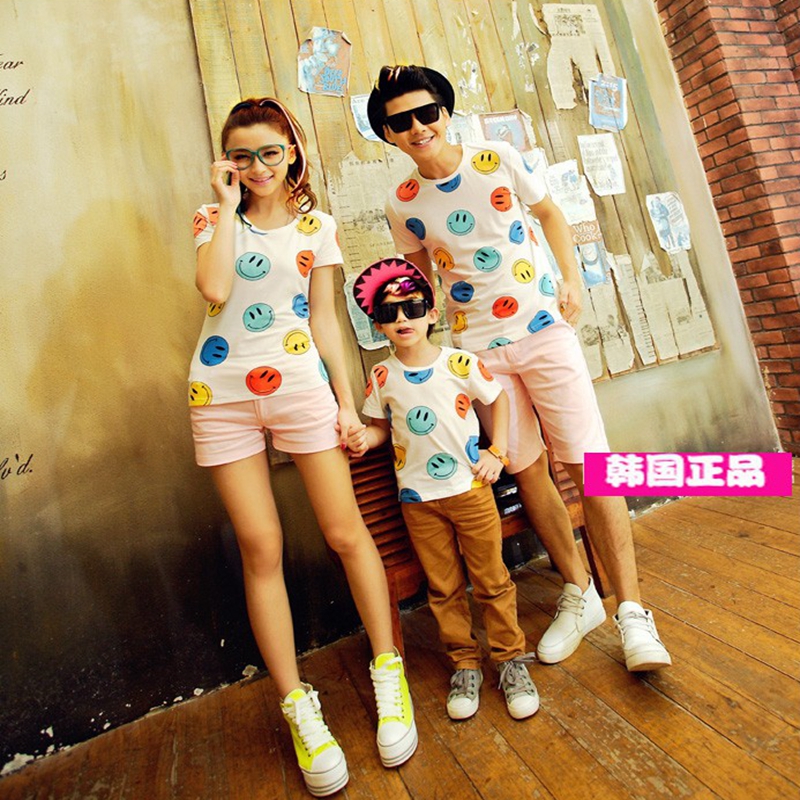 韩式亲子装网红炸街卡通笑脸一家三口母子母女装夏季父子短袖T恤