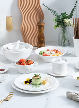 碗碟套装家用陶瓷新款纯白釉下彩米饭汤面碗盘筷勺餐具汤盘菜盘子