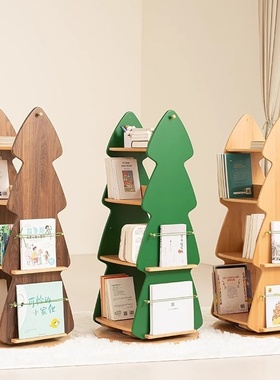 儿童书架松树全实木家用绘本架收纳架简易360度多层实木旋转书柜