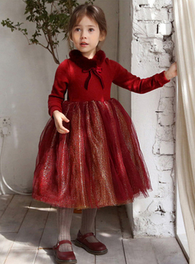 女童红色连衣裙冬装2024新款小女孩洋气公主纱裙儿童加绒新年衣服