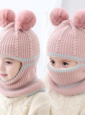 儿童针织毛线帽子围脖一体秋冬加绒保暖1-2-5岁男女宝宝防风护脸