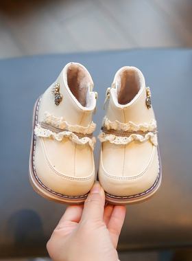 女宝宝靴子软底冬季加绒小皮鞋真皮公主鞋婴儿学步鞋女童小童鞋子