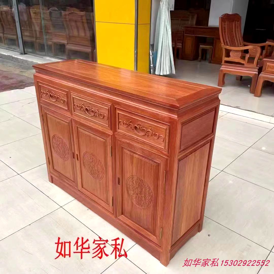 红木餐边柜实木茶水柜菠萝格多用多功能3门新中式加高收纳一体柜