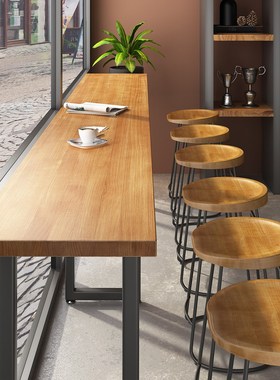 实木阳台吧台桌靠墙长条家用高脚桌商用靠窗酒吧桌奶茶店桌椅组合
