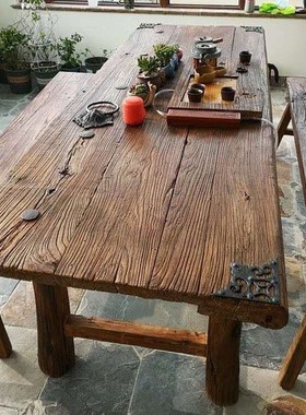 老榆木门板茶桌面吧台桌复古做旧老门板桌子茶台实木风化板旧木板
