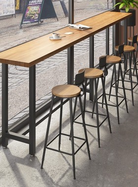 吧台桌椅组合铁艺商用简约靠墙实木长条高脚窄桌子酒吧奶茶店1202