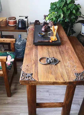 老榆木门板茶桌原木茶台风化实木旧木板桌子复古怀旧吧台桌椅定制