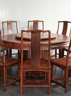 天香倾城 交趾黄檀圆餐桌椅11件套老挝大红酸枝餐厅成套红木家具