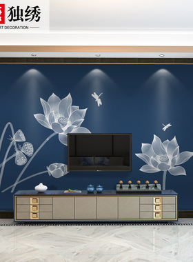 现代新中式刺绣独秀卧室床头客厅餐厅沙发电视背景荷花家装壁布