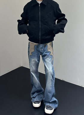 HY711美式复古小众火焰图腾设计水洗蓝色直筒微喇裤子牛仔裤男